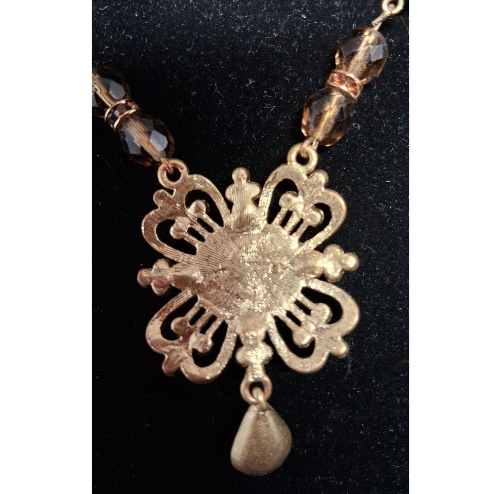Avon Vintage Gold Tone Filigree Smoky Topaz Amb, Crystal Beaded Pendant Necklace - Picture 5 of 14